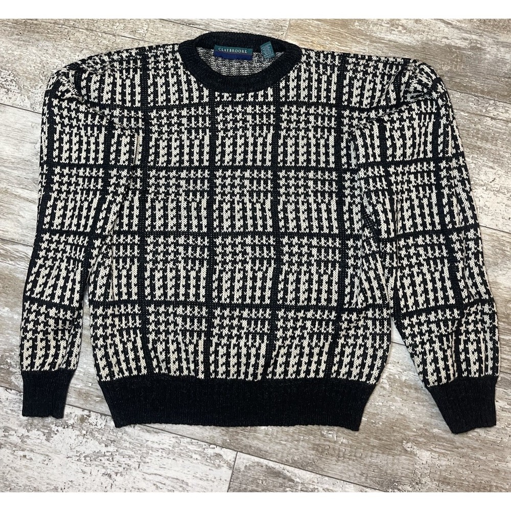 Vintage Claybrooke Knit Sweater Black‎ Beige Geometric Pattern Crewneck Size M